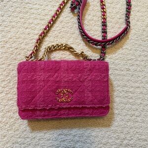 CHANEL Hot Pink Tweed Wallet-on-Chain with Gold Chain & CC